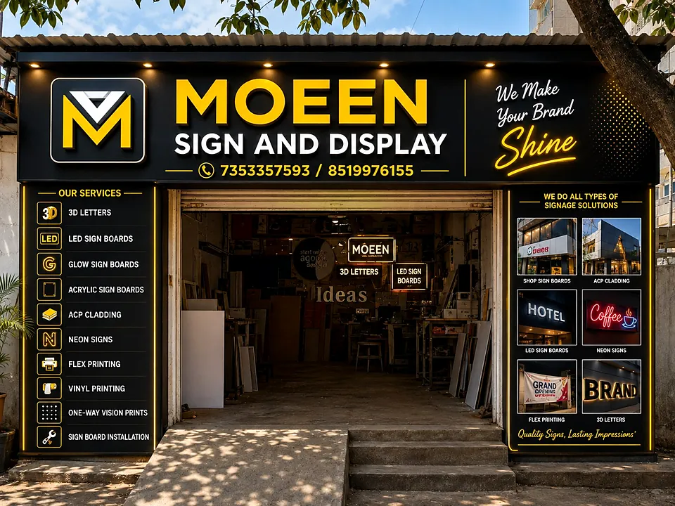 Moeen Sign and Display shopfront on Balagere Main Road: black and gold 3D-letter fascia with the services list