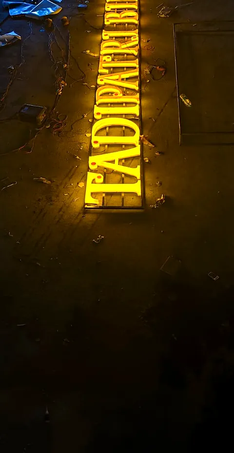 Tadipatri Biryani lit 3D letters seen from above at night