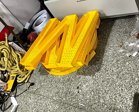 A perforated yellow channel letter M next to the letter-bending machine
